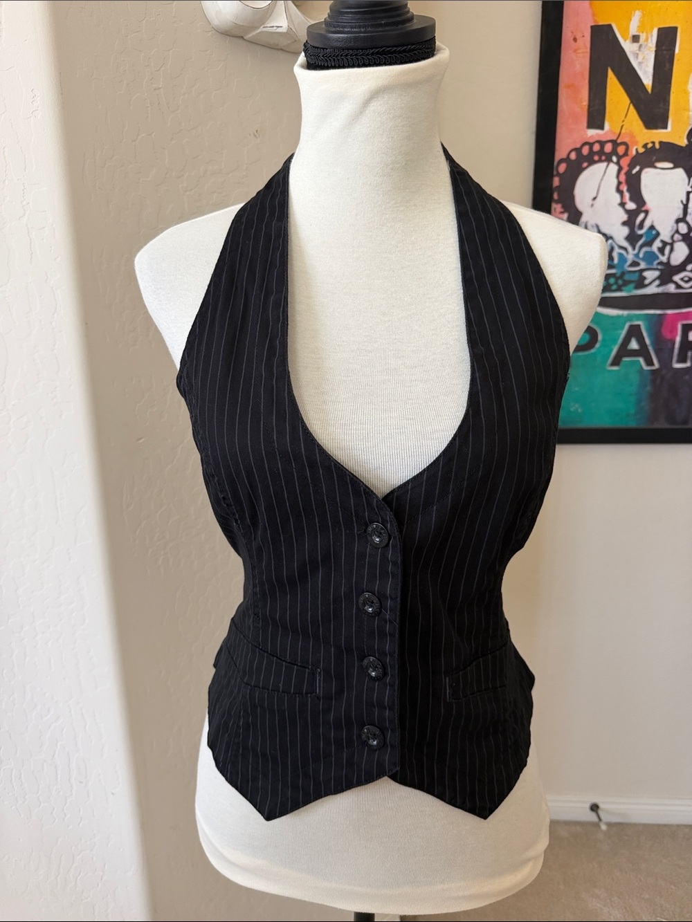Sexy Black Pinstripe Halter Vest Size XL